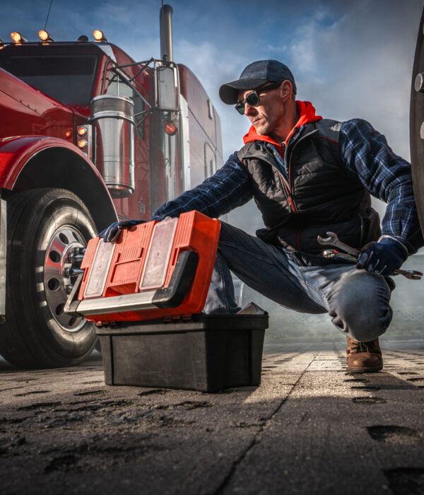 A truck driver kneels beside his big rig, checking tools from a box while working on the vehicle under a cloudy sky in the early morning.