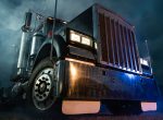 Retro Semi Truck Tractor Night Time Bluish Illumination and Foggy Atmosphere. Trucking Concept. Transportation Industry Theme.